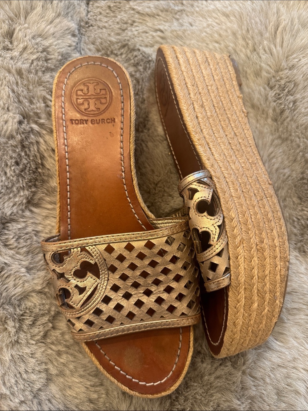 Tory Burch Metallic Gold Espadrille Platform Slides